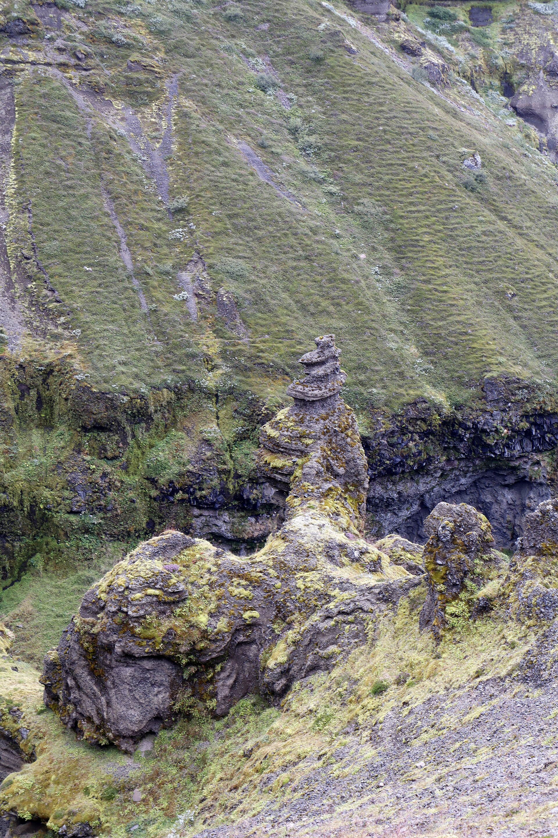 Close detail of a moss and lichen covered rock pinnacle