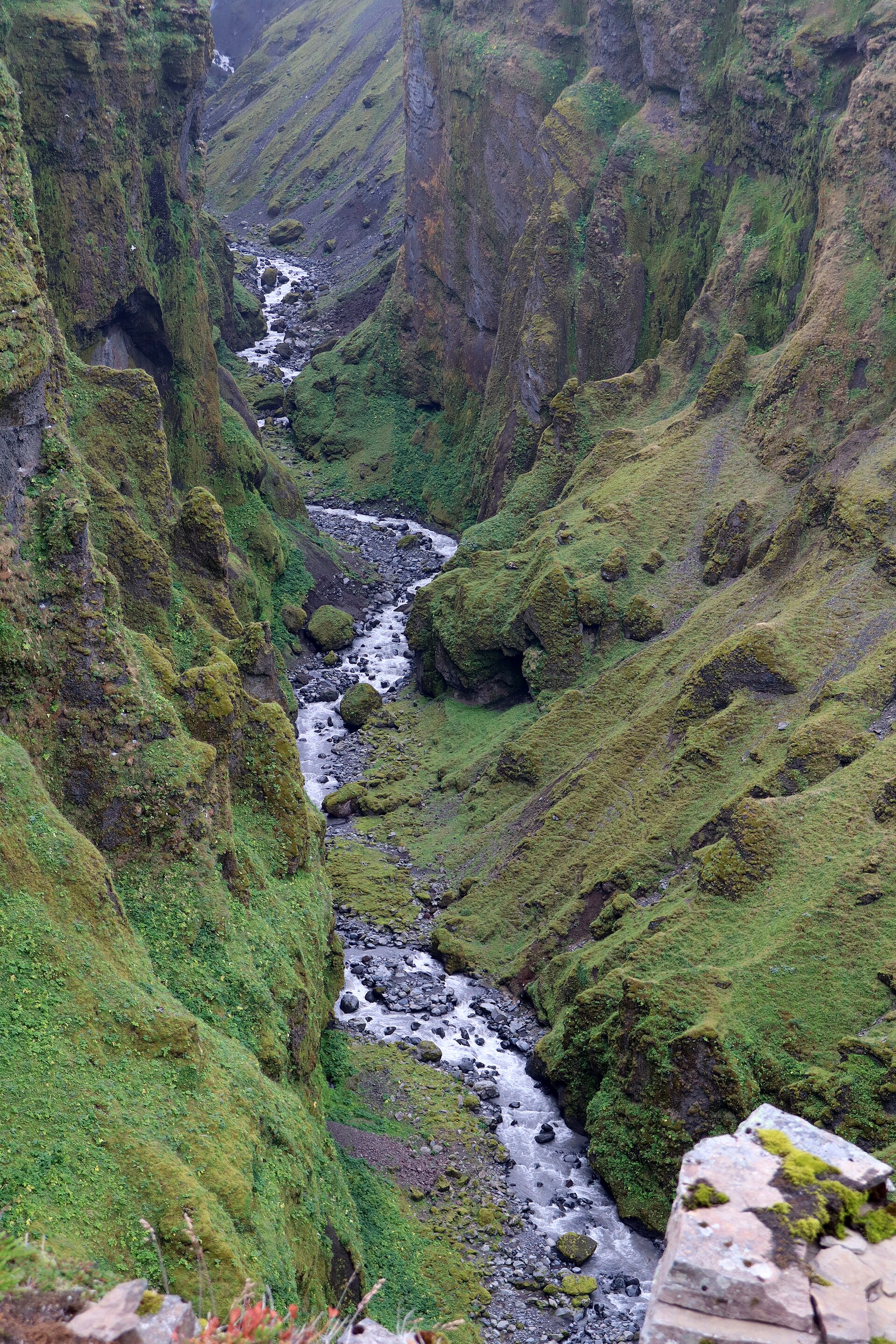 Steep green gorge walls with the meltwater river below